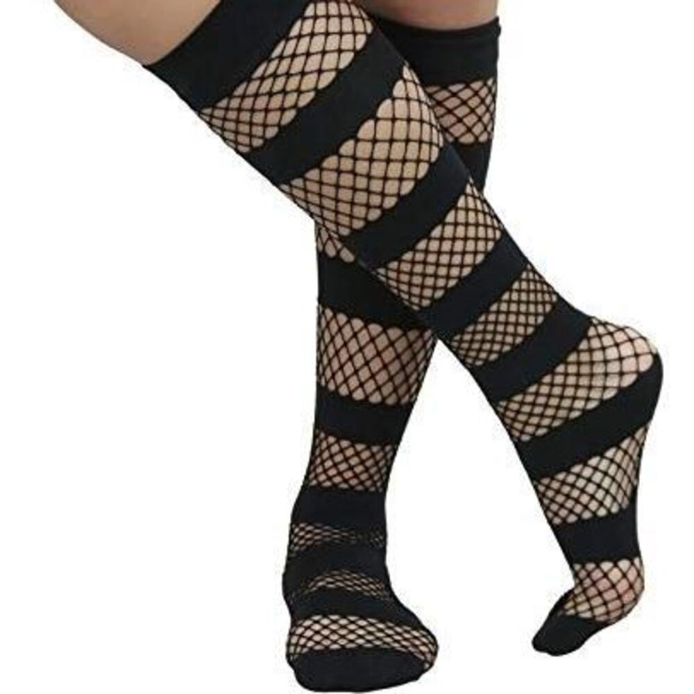 BeWicked Black Fishnet Knee High Socks Striped Goth Festival Hosiery NWT